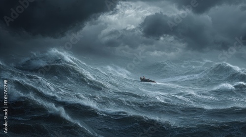 Small boat battles fierce waves in stormy ocean waters