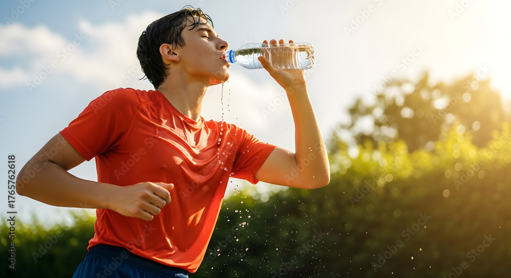 Fototapeta premium Man drinking water after running workout fitness hydration health wellness thirst quench exercise recovery