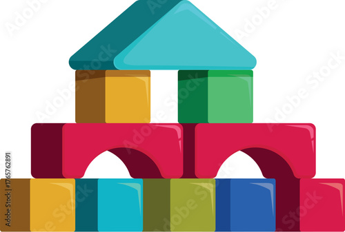 Vibrant building blocks forming a house shape, promoting creativity and early childhood development