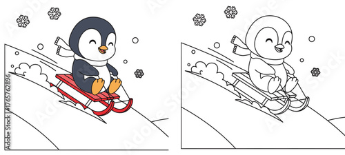 Cute Happy Penguin Sledding Down a Snowy Hill with Snowflakes - Fun Winter Cartoon Illustration