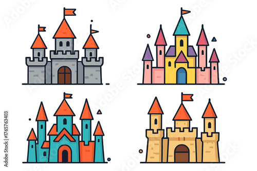 Collection of four colorful cartoon castles with towers battlements and flags