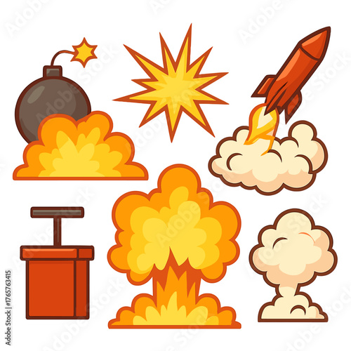 Comic style explosion effects set with bomb detonator rocket launch and smoke clouds