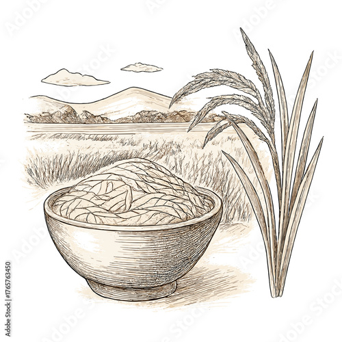 Sepia engraving style illustration of a bowl of rice grain and a rice plant in a rural field