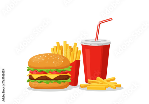 Classic Fast Food Combination: Burger, French Fries, and a Soft Drink 