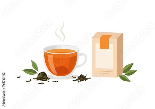 A Steaming Hot Cup of Tea in a Glass Mug Alongside a Tea Box and Dried Tea Leaves