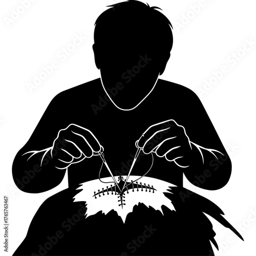 A man is repairing a torn leaf with a needle and thread. Conceptual image of handicraft, DIY and nature healing. Isolated minimalist black vector silhouette on white background.