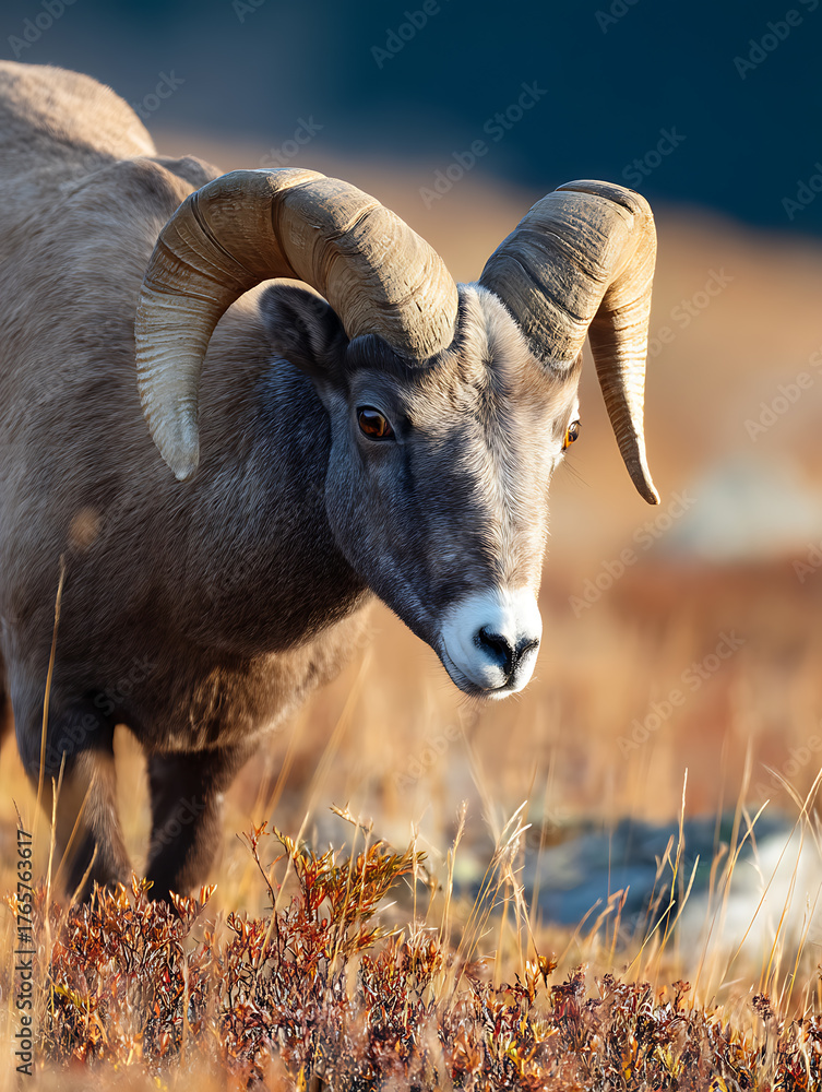 Obraz premium Close-up of Ram graze peacefully on the sparse mountain pastures