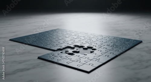 Puzzle with a missing piece on a marble surface, lit dramatically from above