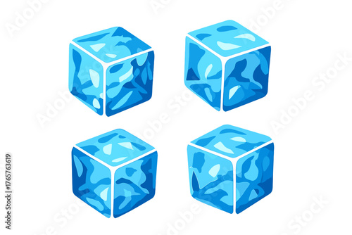 Isometric view of four blue frozen cubes of ice with abstract internal texture
