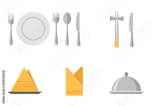 Various Elegant Cutlery Icons with Chopsticks, Silverware, and Golden Colored Table Napkins