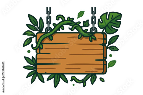Blank wooden sign hanging from chains framed by tropical jungle vines and green leaves
