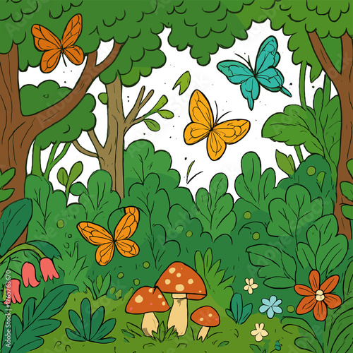 Whimsical forest scene with colorful butterflies, green trees, and mushrooms