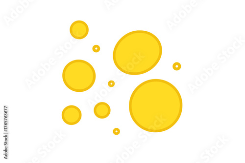 Abstract pattern of scattered golden circles and oval shapes on a clean white background