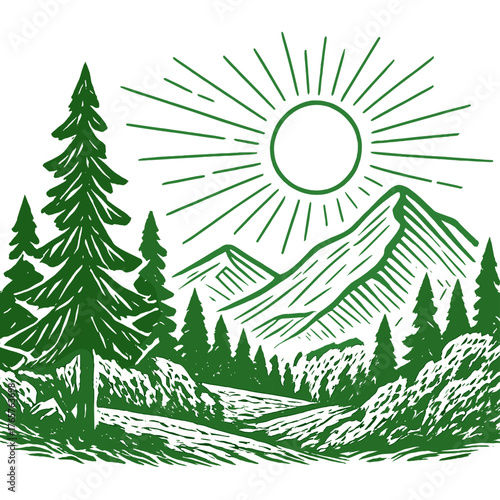 Vintage woodcut style mountain landscape with pine trees and bright sunburst