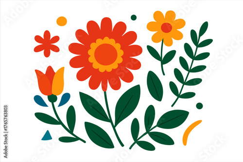 Brightly colored stylized folk floral arrangement featuring red and orange flowers and deep green leaves