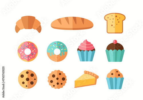Icon Set of Breads and Sweet Pastries: Sliced Bread, Glazed Donut, Chocolate Muffin, and Pie Slice 