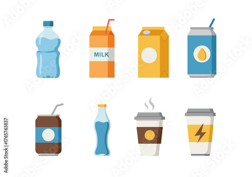 Various Icons of Packaged and Ready-to-Drink Beverages: Mineral Water, Milk Carton, Canned Drinks, and Coffee 