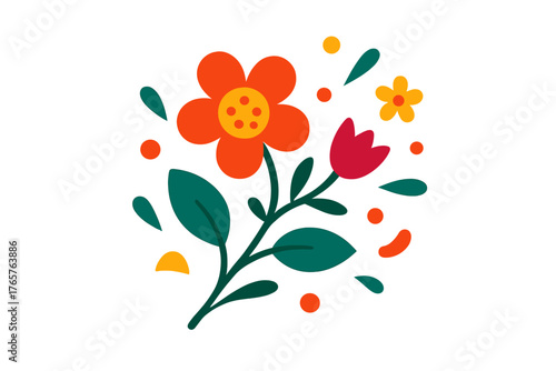 Stylized floral arrangement with vibrant orange and red blossoms, dark green leaves, and abstract shapes