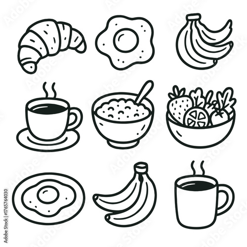 Collection of hand drawn doodle style icons featuring various breakfast food items and drinks