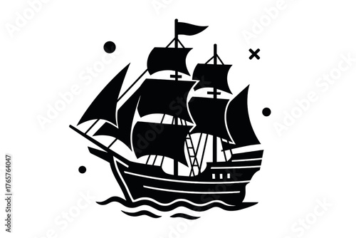 Cuadro en lienzo Classic tall ship sailing on ocean waves in black and white silhouette