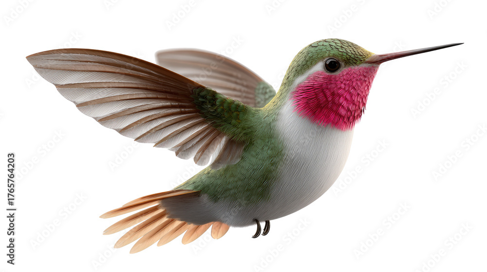 Naklejka premium Hummingbird in Flight: A vibrant hummingbird, wings spread wide, hovers gracefully, showcasing its iridescent plumage and delicate form. Capturing the essence of lightness and agility.