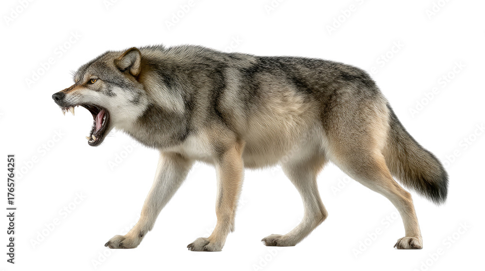 Fototapeta premium Fierce Gray Wolf: A powerful gray wolf with intense eyes, showcasing its predatory prowess with a menacing growl, poised to pounce.