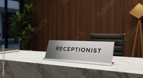 Receptionist sign on marble desk in modern office