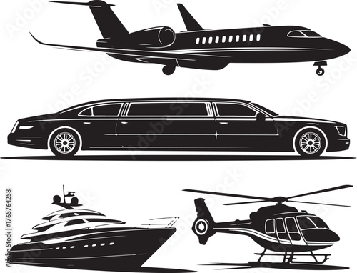 Black silhouette icons of private jet limousine yacht and helicopter transportation