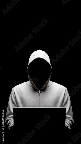 Anonymous person hoodie laptop dark room hacker working late night