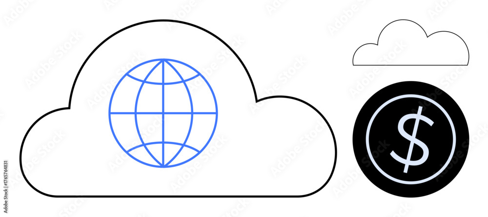 Fototapeta premium Large cloud with globe inside symbolizes global connectivity and technology, alongside smaller clouds and a coin with a dollar sign. Ideal for technology, finance, cloud computing, global business