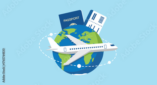 Adventure with global travel airplane flight passport and ticket, planning vacation destinations around the world, discover exciting new places