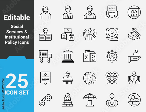 Editable Social Policy & Governance Line Icons, Minimalist Symbols of Public Services, Civic Welfare, Legal Systems, Healthcare, Education, and Equality.