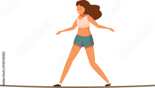 Sportswoman carefully balancing on tightrope, demonstrating concentration and skill