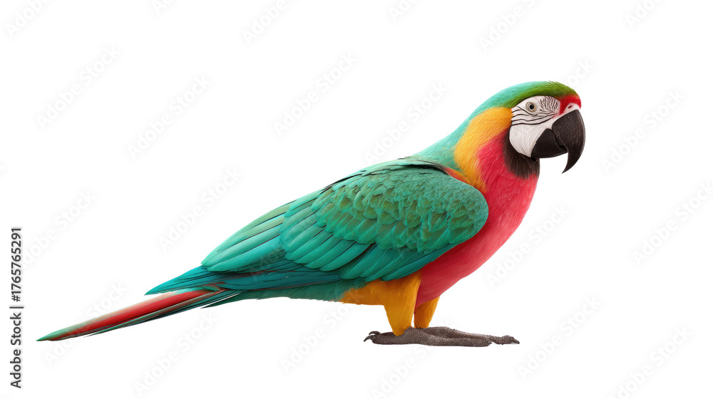 Obraz premium Macaw's vivid colors: A captivating macaw, resplendent in vibrant hues, stands in profile, showcasing its majestic beauty and intricate plumage.