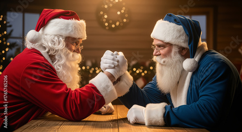 Two Santas Compete in Arm Wrestling.