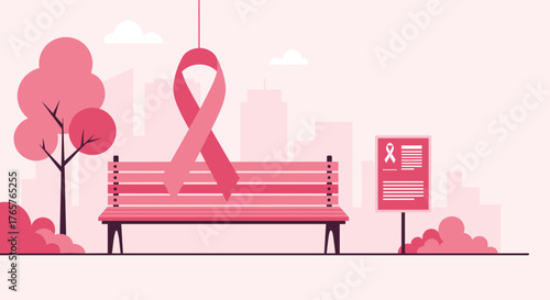 Pink ribbon representing breast cancer awareness on a park bench, showing support and hope for survivors in the community