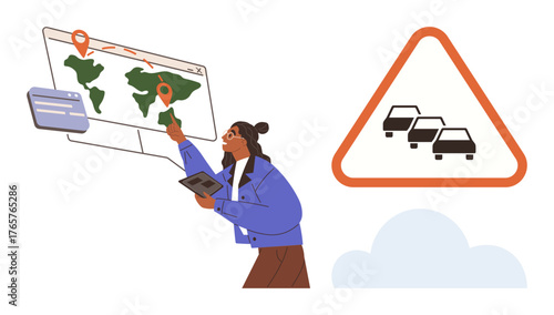 Person interacting with a world map displaying location markers, analyzing data while holding a tablet. Adjacent traffic warning sign. Ideal for navigation, logistics, travel, urban planning
