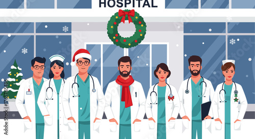 Cheerful illustration of healthcare professionals celebrating Christmas outside a hospital for holiday awareness and health campaigns
