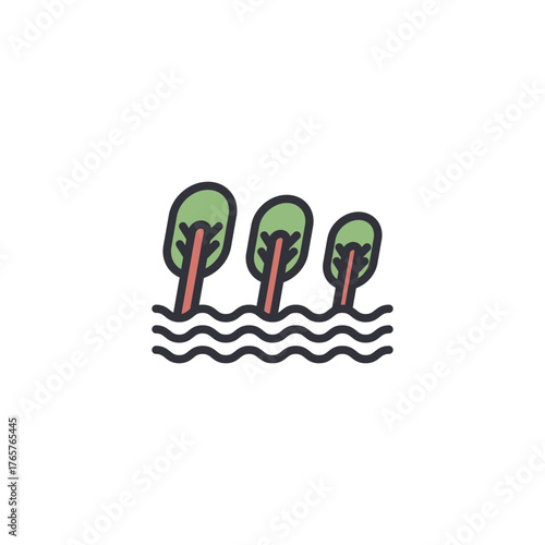 Simplified illustration of flooded trees representing rising water levels, heavy rainfall impact, wetland overflow, or environmental hazard conditions for climate reporting.