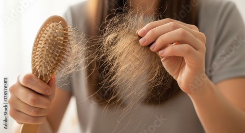 Comb Through Hair: A close-up view shows a person examining hair loss, with the comb and strands of fallen hair in focus, highlighting the emotional distress.