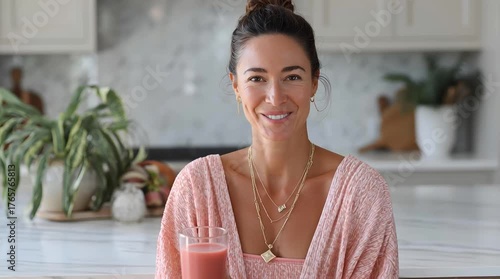 Young woman sipping fruit smoothie bright modern kitchen wearing pink sweater and necklace, smiling and holding glass near marble counter with plants