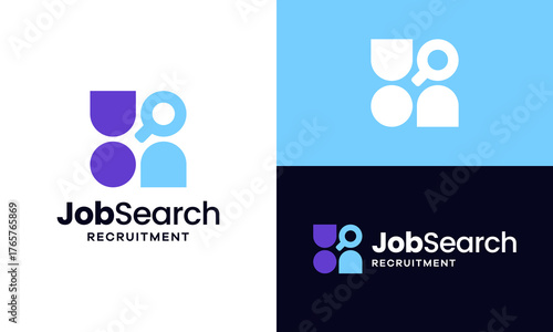 Job Search Logo Stylized People with Magnifying Glass Icon.