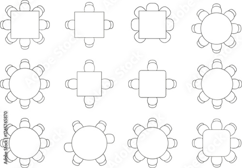 Top view of round and square meeting tables with chairs, office furniture layout, modern workspace seating arrangement, business interior floor plan illustration