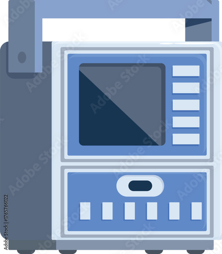 Portable medical device displaying an empty screen and various buttons, suggesting its use for monitoring patient vital signs in healthcare settings