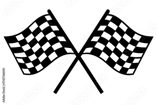 Two crossed checkered flag silhouette vector, sports finish line flag black symbol
