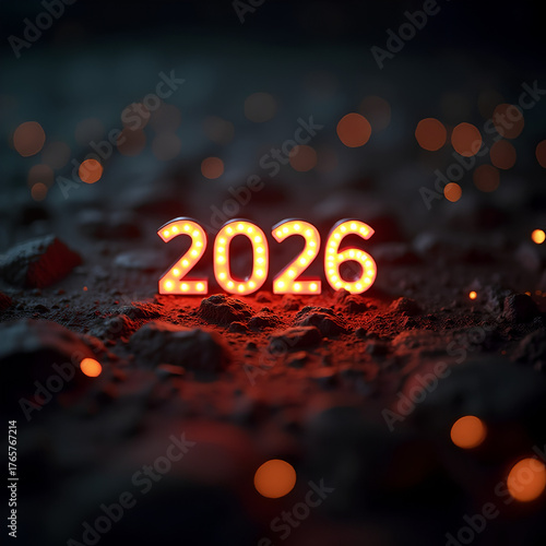 Glowing neon digits of 2026 resting on a dark textured surface