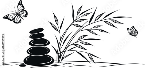 Black and white illustration of stacked stones and butterflies with bamboo