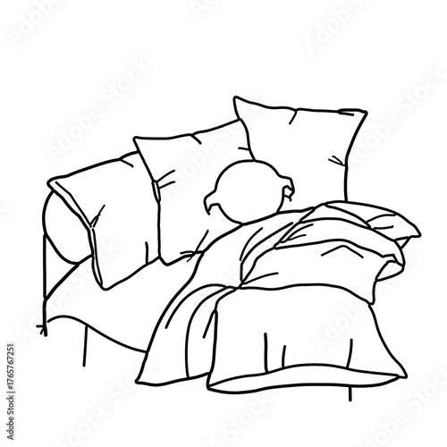 Minimalist line drawing of a bed with pillows and a round object on top of the covers in black and white style vector