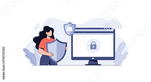 Woman protecting data security with shield and modern computer, online privacy concept for business and technology