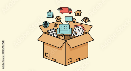 Moving house concept with furniture, boxes, and trucks ready for relocation, representing homeownership and new beginnings